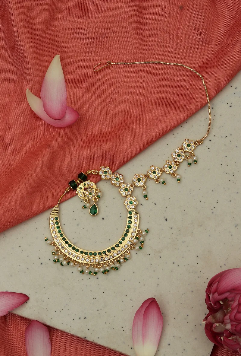 Green Stone Kundan Crescent Nath