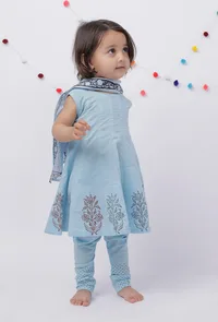 Set of 3: Amaira Candy Blue Handblock Kurta with Cotton Chooridar and Handblock Dupatta image 2