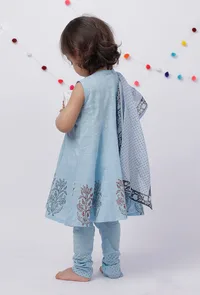 Set of 3: Amaira Candy Blue Handblock Kurta with Cotton Chooridar and Handblock Dupatta image 3