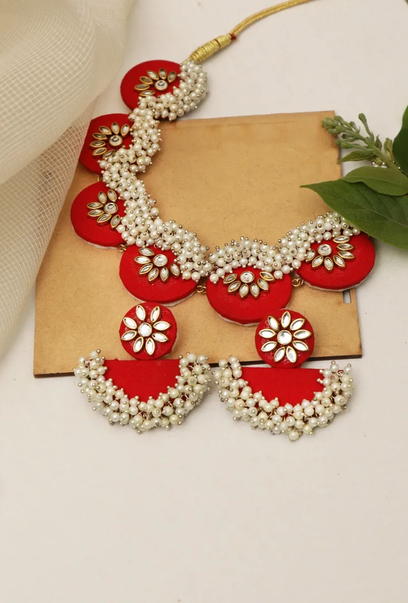 Handcrafted Fabric Flower Shaped Necklace With D-Shaped Earring