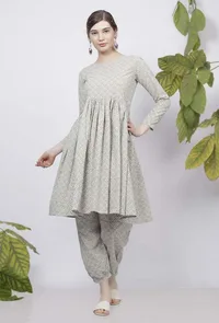 Set of 2: Sage Green Floral Hand-Block Printed Cotton Gathered Kurta With Handblock Printed Cotton Dhoti image 1