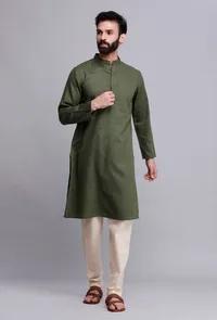Set of 2: Bottle Green Cotton Kurta and Pyjama Set image 1