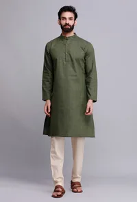 Set of 2: Bottle Green Cotton Kurta and Pyjama Set image 2
