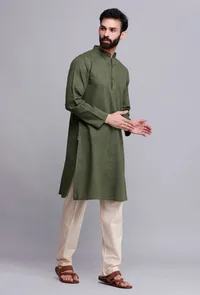 Set of 2: Bottle Green Cotton Kurta and Pyjama Set image 3