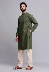 Set of 2: Bottle Green Cotton Kurta and Pyjama Set image 4