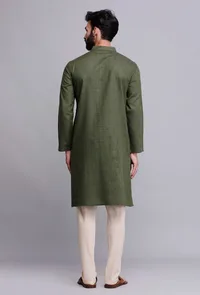 Set of 2: Bottle Green Cotton Kurta and Pyjama Set image 5