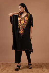 Black Cotton Crush Ari Embroidered Kaftan- Free Size image 1