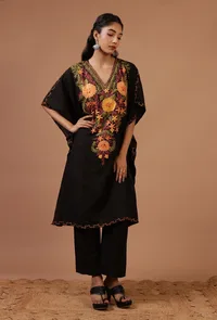 Black Cotton Crush Ari Embroidered Kaftan- Free Size image 2