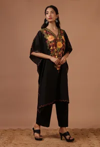 Black Cotton Crush Ari Embroidered Kaftan- Free Size image 3
