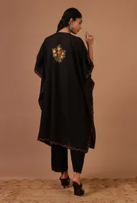 Black Cotton Crush Ari Embroidered Kaftan- Free Size image 4