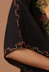 Black Cotton Crush Ari Embroidered Kaftan- Free Size image 6