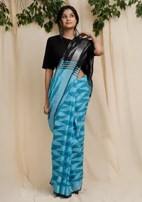 Turquoise Blue and Black Cotton Ikkat Saree With Blouse Piece image 1