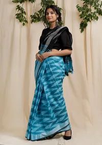 Turquoise Blue and Black Cotton Ikkat Saree With Blouse Piece image 2
