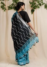 Turquoise Blue and Black Cotton Ikkat Saree With Blouse Piece image 3