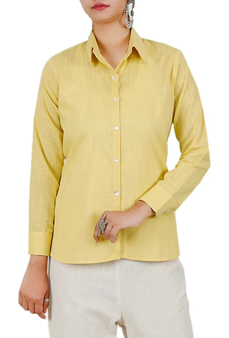 Yellow Button Down Full Sleeves Shirt In Pure Cotton