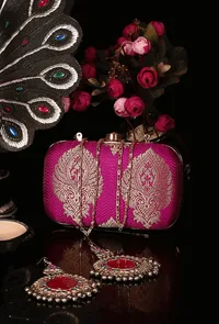 Dark Pink Brocade Box Clutch with Sling (8 X 2 X 4.5) image 1