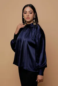 Blue Satin Bishop Sleeves Shirt image 3