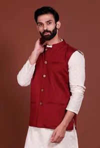 Dark Red Cotton Nehru Jacket image 1