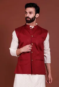 Dark Red Cotton Nehru Jacket image 4