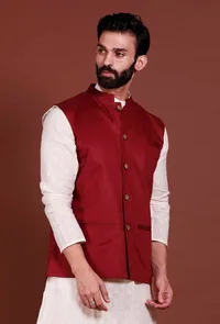 Dark Red Cotton Nehru Jacket image 6