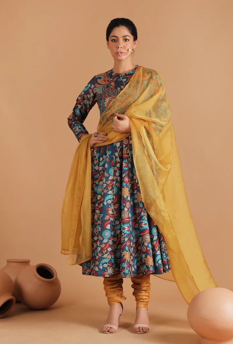 Set Of 3: Farida Allover Kalamkari Argrakha Kurta Set & Sheer Organza Dupatta