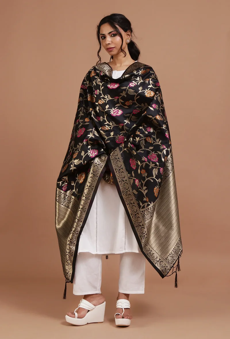 Black Color Semi Silk Dupatta With Zari Weaving