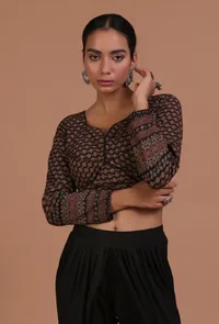 Black Cotton Ajrakh Printed Full Sleeve Blouse image 1