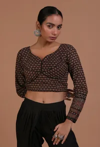 Black Cotton Ajrakh Printed Full Sleeve Blouse image 3