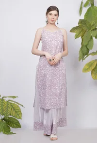 Set of 2: Lilac Floral Hand-Block Printed Cotton Slip with Lilac Stripes Handblock Printed Flared Palazzo image 1