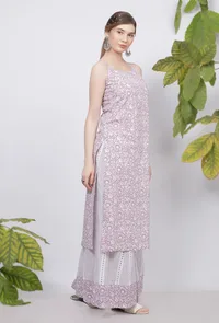 Set of 2: Lilac Floral Hand-Block Printed Cotton Slip with Lilac Stripes Handblock Printed Flared Palazzo image 2