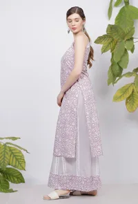 Set of 2: Lilac Floral Hand-Block Printed Cotton Slip with Lilac Stripes Handblock Printed Flared Palazzo image 3