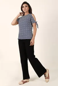 Inky Blue And White Cold Shoulder Bagru Cotton Slub Top image 1