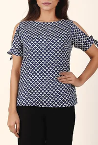 Inky Blue And White Cold Shoulder Bagru Cotton Slub Top image 2