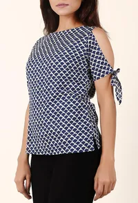 Inky Blue And White Cold Shoulder Bagru Cotton Slub Top image 3