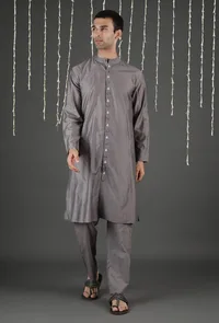Set Of 2: Evak Grey Chanderi Kurta & Straight Pants image 1