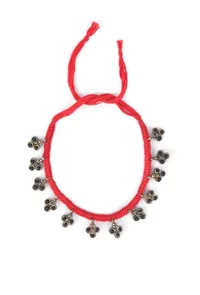 Set Of 2: Mehar Red Thread & Antique Plated Brass Charm Anklets image 2