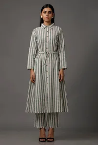 Set of 2: Green and White Stripes Pure Woven Cotton Kurta and Pants image 2