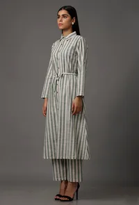 Set of 2: Green and White Stripes Pure Woven Cotton Kurta and Pants image 3