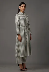 Set of 2: Green and White Stripes Pure Woven Cotton Kurta and Pants image 4