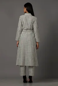Set of 2: Green and White Stripes Pure Woven Cotton Kurta and Pants image 5