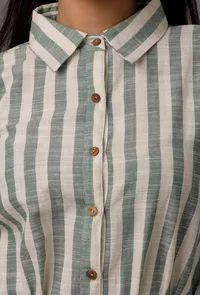 Set of 2: Green and White Stripes Pure Woven Cotton Kurta and Pants image 6