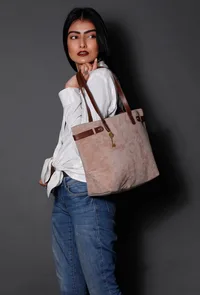 Beige Suede Tote Bag (11.3"x17"x5") image 6