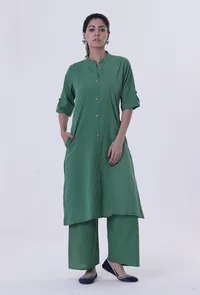 Set Of 2: Hazel Green Cotton Kurti With Palazzo Set image 1