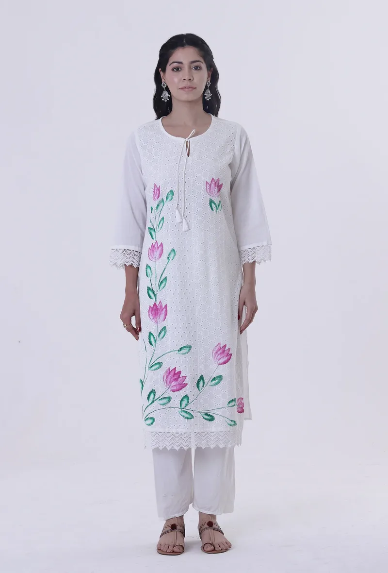 White Cotton Chikankari Laces Kurta