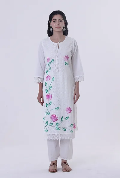 White Cotton Chikankari Laces Kurta