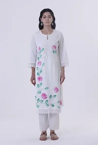 White Cotton Chikankari Laces Kurta image 1