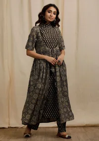 Olive Green Ajrakh Print Front Tie-up Gathered and Flared Overlay image 1