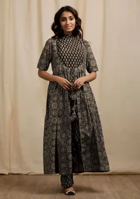 Olive Green Ajrakh Print Front Tie-up Gathered and Flared Overlay image 2