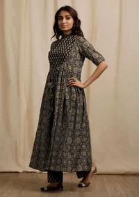 Olive Green Ajrakh Print Front Tie-up Gathered and Flared Overlay image 3