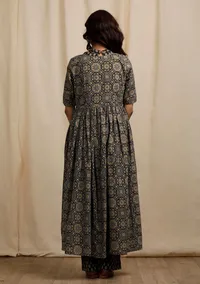 Olive Green Ajrakh Print Front Tie-up Gathered and Flared Overlay image 4